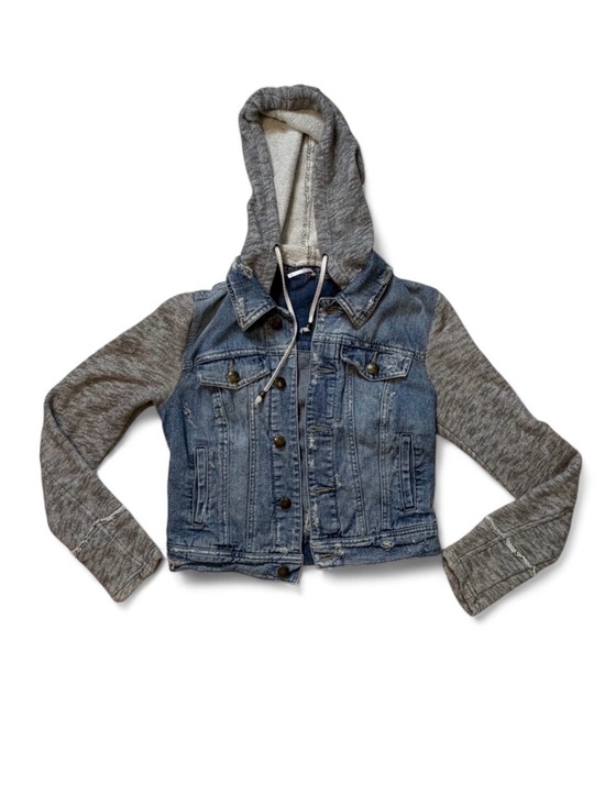 Free People Jackets & Blazers - Free People Denim Knit Hooded Jean Jacket XS Medium Wash Blue Distressed